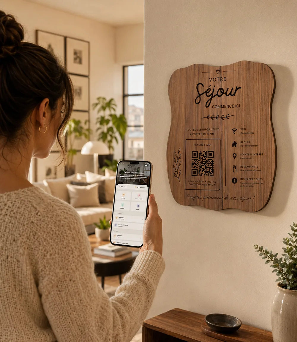 Une voyageuse scanne le QR code de la plaque Guidz avec son téléphone